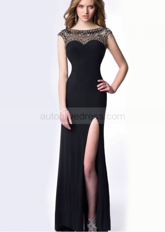 Beaded Black Jersey High Slit Backless Evening Dress